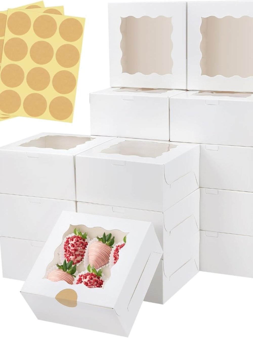 30 Pcs White Bakery Boxes with Window and Stickers, 6 X 6 X 3 Inches